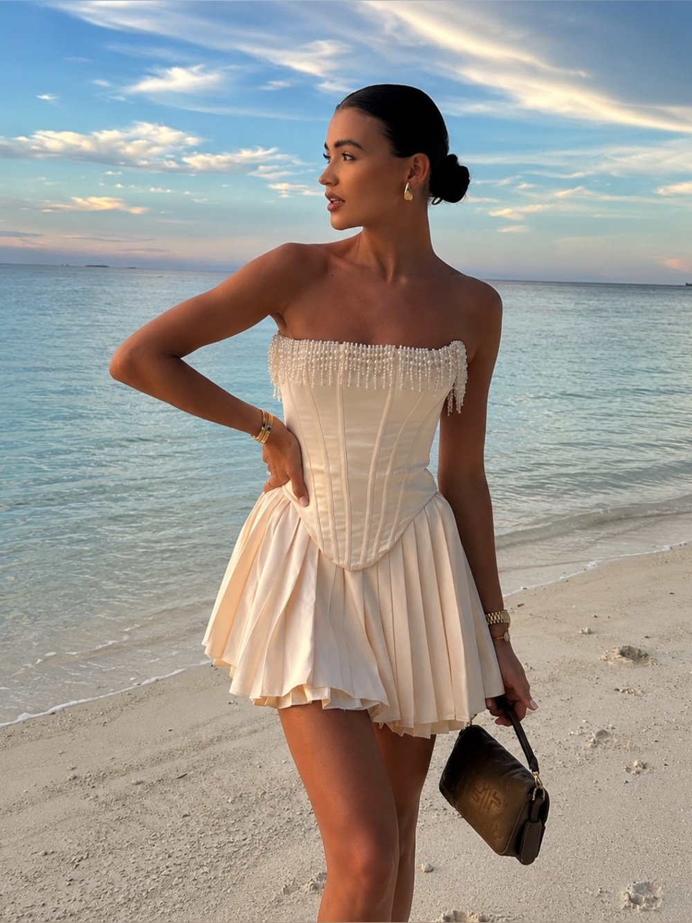 House of CB EMIRA Ivory Pleated Mini Skirt XS Long